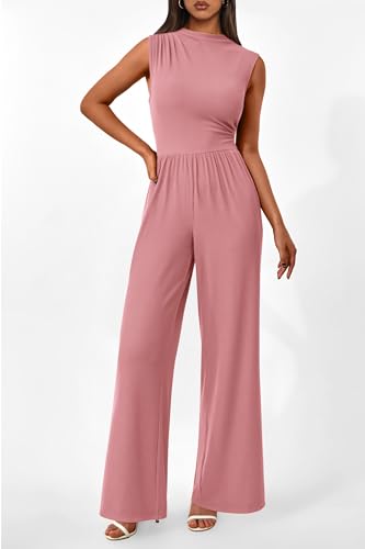 Image of PRETTYGARDEN Women's Summer Dressy Casual Jumpsuits | Cozy Ribbed Fabric, Sleeveless Mock Neck, Back Zipper, Pockets, Wide Leg Pants Rompers, Fashion Clothing, One Piece Outfits