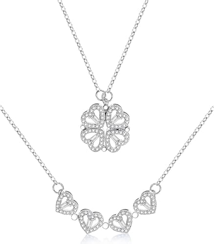Mingkeda Four Leaf Clover Necklace Foldable for Women 925 Sterling SIlver Bling zircon stone Four Heart Grass Womens Necklaces Crocker Retro Magnetic Folding Love Heart Pendant One Style Two Wearing Methods (Silver)