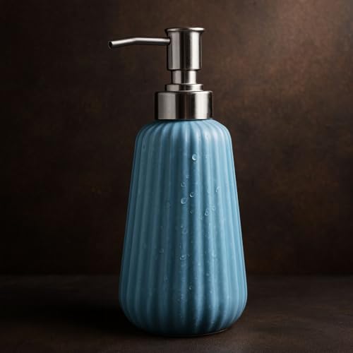 Image of Ceramic Soap Dispenser 330ml (Set of 1) | Liquid Hand Wash Pump Bottle for Bathroom & Kitchen, Multipurpose Lotion, Shampoo, Conditioner, Gel, Sanitizer Dispenser | Blue