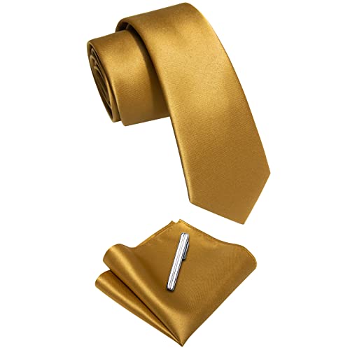 Image of YourTies Skinny Ties for Men Satin 2.4 inch Slim Necktie with Pocket Square Tie Clip Set Solid Color Wedding Party Business