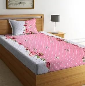 Image of Pure Cotton 220 tc Flat Single | Diwan | Coat Bed Bedsheets for Summer Breathable | Wrinklefree (Size-60 X 90 Inch) with 1 Pillow Covers (Size-17 X 27 Inches, Floral, White & Pink)