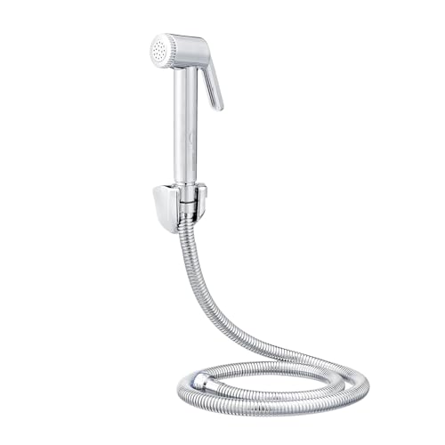 Image of Amazon Basics Handheld Health Faucet for Bathroom, ABS Plastic Body with Chrome Finish, 1 Meter Stainless Steel Flexible Hose Pipe and Wall Hook, Silver, Jet Spray for Toilet