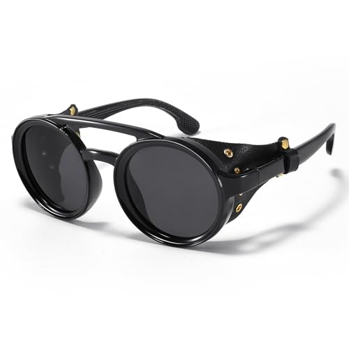 Polarized Round Steampunk Sunglasses with Leather Side Double Bridge Shield Retro Eyewear for Men Women