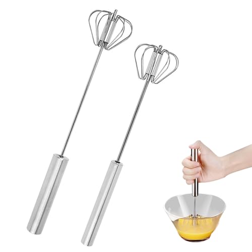 Belvanr 2 Stück 14 Zoll+10 Zoll Halbautomatischer Schneebesen aus Edelstahl,Drehbarer Push Mixer Rührer zum Schneebesen,Schlagen,Rühren