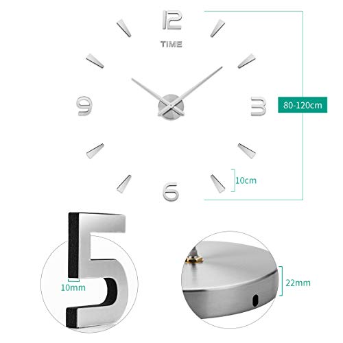 AILILIFE 3D DIY Wall Clock Decor Sticker Mirror Frameless Large DIY Wall Clock Kit for Home Living Room Bedroom Office Decoration (Sliver)