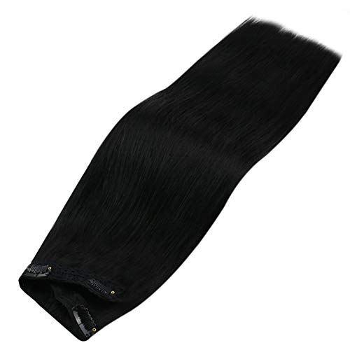 Human Hair Extensions Clip in Black One Piece 24inch Solid Color Jet Black Clip in Extensions Real Human Hair 3/4 Full Head 70g