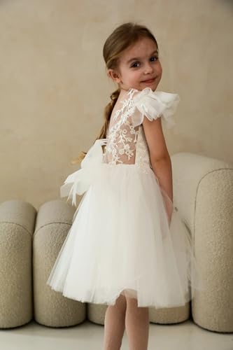 Lace Applique Flower Girl Dress for Wedding Tulle Bow-Knot Ball Gowns Ruffle Sleeves V-Back First Communion Dresses4