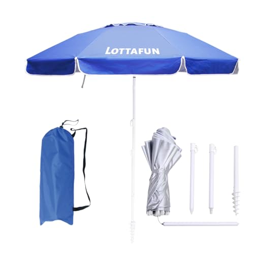 LOTTAFUN Strandsonnenschirm, windfester, robuster Sonnenschutz mit UV 50+, tragbar, mit Sandanker, Tragetasche, klappbarer Outdoor-Sonnenschirm für Strand, Pool, Terrasse, Garten, 1,8 m (Dunkelblau)