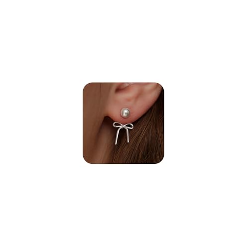 Boucles D'oreilles Pendantes en Perles Blanches pour Femme,Plaqué or 14 Carats avec Nœud Papillon,Accessoires de Bijoux Élégants Pour Mariée Cadeaux Pour...
