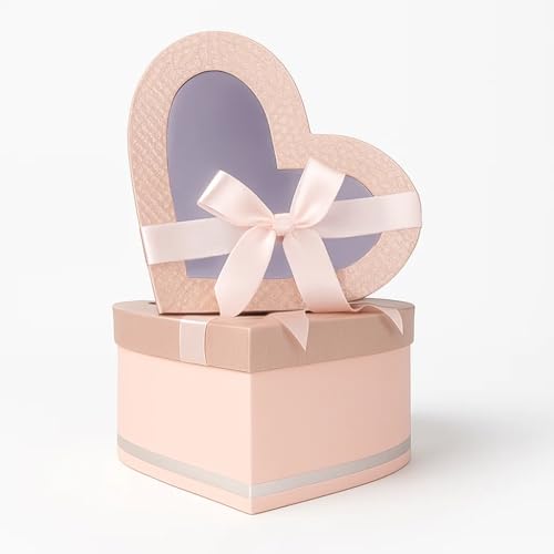 Image of Oasis Pack of 2 Heart Shaped Gift & Flower Hamper Boxes With Clear Lid & Satin Ribbon | Classic Bouquet Box for Flower Arrangements & Gift Hampers | Decorative Gift Packaging Box - Pink Blush Heart