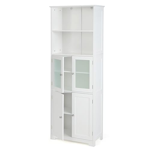 GYMAX Mobiletto da Bagno, 60 x 30 x 163 cm, Armadio Colonna a 6 Livelli con 2 Ripiani Aperti e 2 Scomparti, Porte in Vetro Trasparente e Maniglie Metalliche (Bianco)
