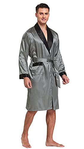 Image of TONY AND CANDICE Men's Satin Robe Lightweight Long Sleeve Silk Kimono Bathrobe with Shorts Set Sleepwear