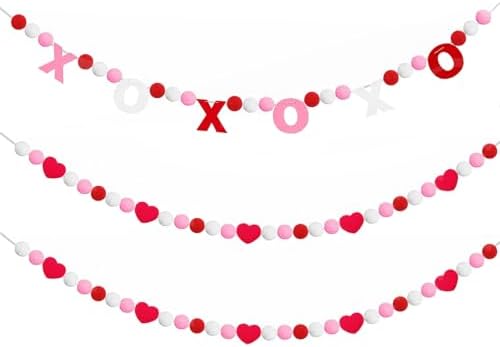 Valentines Day Decorations, 3 PCS Felt Garland with XOXO and Red Heart Shape Garland for Valentine Party, Wedding, Anniversary, Valentines Day Banner for Mantle Fireplace Walls Room Decor
