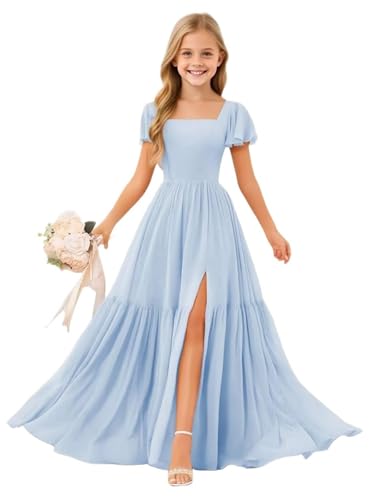 Topsta Junior Bridesmaid Dresses with Slit Chiffon Fultter Sleeve A Line Flower Girl Dress for Wedding Party4
