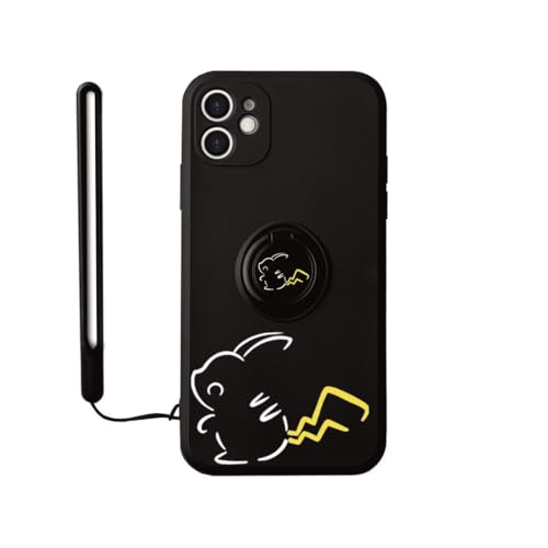 IPhone 12用 携帯ケース, リング付き, ストラップ付き, 耐衝撃 防塵 スマホカバー, ブラック, 可愛いキャラクター (IPhone 12)