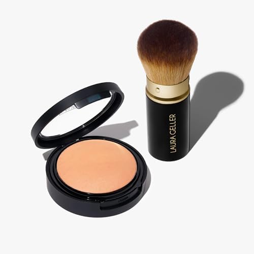 LAURA GELLER NEW YORK Baked Double Take Powder Foundation, Medium + Retractable Airbrush Kabuki Brush