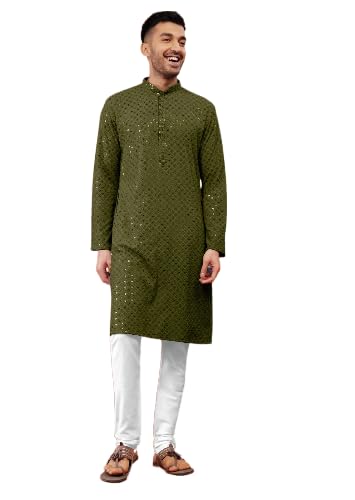 AishwarryaLaxmi Men's Chikankari Embroidered and Mirror Work Straight Sequence Kurtas Mehndi