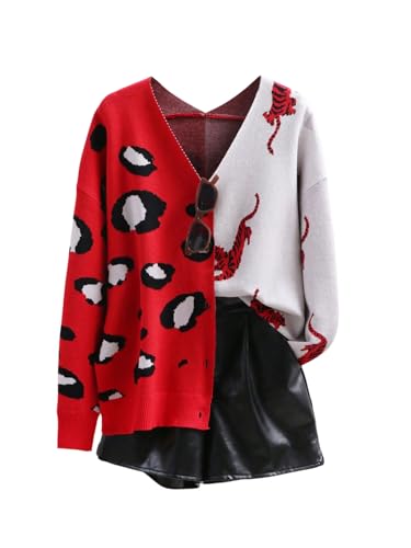 Image of WDIRARA Women's Leopard Tiger Print Cardigan V Neck Long Sleeve Color Block Button Down Sweater Outwear