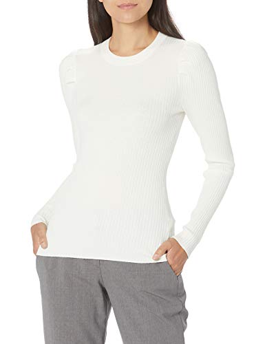 Lark & Ro Women's Slim Fit Premium Viscose Blend Rib Puff Long Sleeve Crew Neck Slim Fit Sweater, VANILLA ICE, Medium