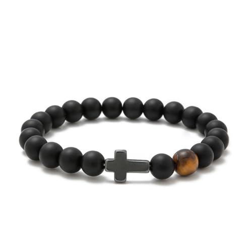 QEDBOJE Bracelet en Forme de Croix, Œil de Tigre, Bracelet de Perles pour Homme et Femme, Cadeau de Confirmation Chrétienne pour Papa, Grand-Père, Mari