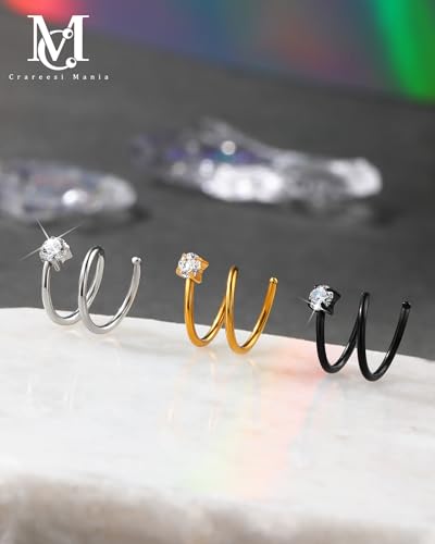 CM Crareesi Mania 3PCS Double Nose Ring Hoop for Single Piercing Pack, 316L Stainless Steel Spiral Twist Nose Hoop, 18G Nose Piercing Hoop for Women Clear CZ Twist Nose Ring3