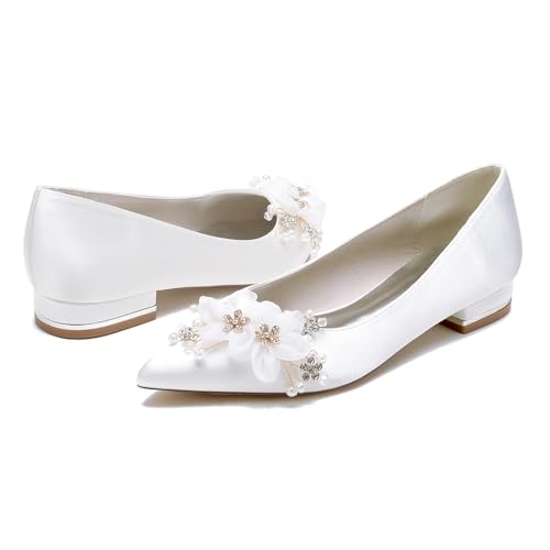 Women Closed Toe Flat Wedding Shoes Satin with Crystal Lace Flower Pointed Toe Party Bridal Shoes Low Heel Ballet Flats Slip-on4