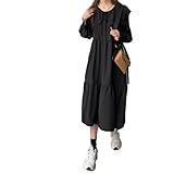 Generic Women Spring Preppy Style Loose A-Line Ruffled Patchwork Mid-Calf Mori Girl Butterfly Sleeve Dress Black XL