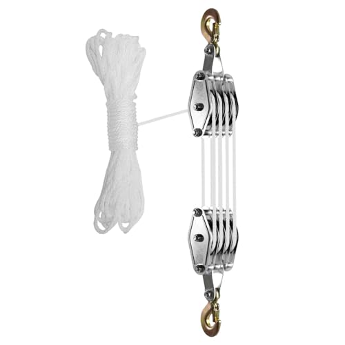 Sistema De Poleas para Elevación Y Manipulación. Sistema De Poleas De 4 Ruedas con Cable para Carpa De Cultivo. 65 Pies. Relación De Elevación 8:1. Ideal para Artíc,White