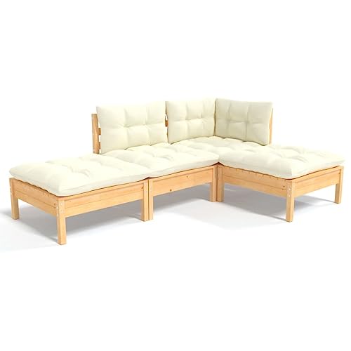 vidaXL Muebles de Jardín 4 Piezas y Cojines Mobiliario Patio Terraza Exterior Hogar Sofá Silla Asiento Suave Robusto Crema Madera Maciza de Pino
