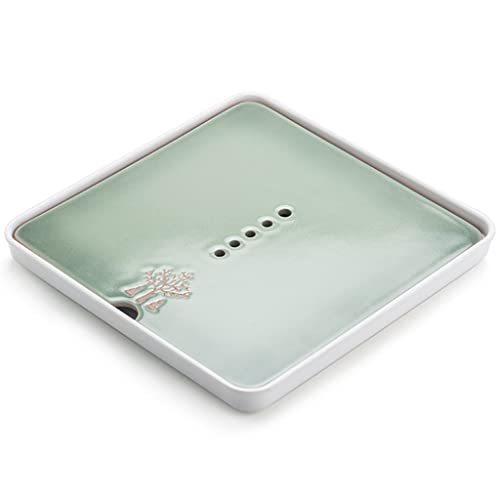 IKDSDKEM Ceramic Tea Tray, Tasteful Bamboo Chinese Gongfu Tea Table Mini Square Kongfu Tea Plate with Water Storage Function for Home Office Teahouse(28 * 28 * 4cm)