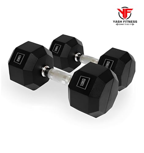 Image of Set Of 2 Rubber Professional Hexa Dumbbells | Fixed Weight Dumbbell | Dumbbells Set For Home Gym & Gym Training | Gym Equipment Dumbbells Set | Durable Dumbbell Set (10 Kg)