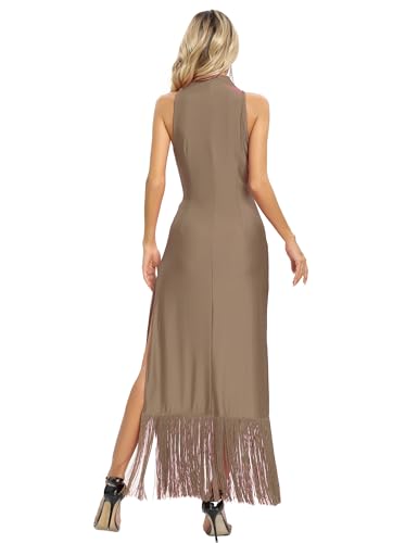 Aigeman Women Vintage Flapper Dresses 1920s Great Gatsby Halter Fringed Maxi Dress Tassels High Split Formal Dress 192