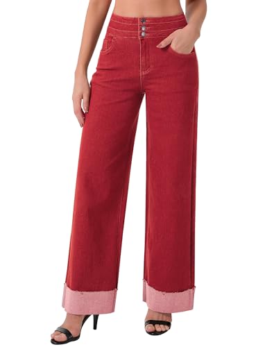 roswear Women's High Waisted Stretchy Wide Leg Jeans Cuffed Baggy
