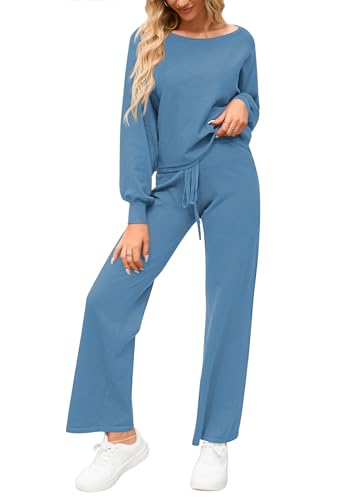 Image of Meenew Women's 2 Piece Sweatsuits Long Sleeve Knit Sweater Wide Leg Pants Outfits Loungewear Set