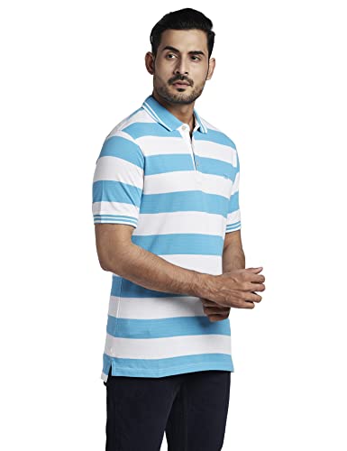 Image of Colorplus Men's Cotton Polyester Blend Stripe Pattern Tailored Fit Polo Neck Half Sleeve Casual T-Shirt
