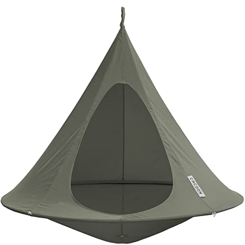 Image of Double Cacoon Hanging Chair for Two - Cozy Indoor /Outdoor Hammock with Polyester Canvas, 440 lb Capacity, Includes 18ft Rope & Carabiner (Khaki)