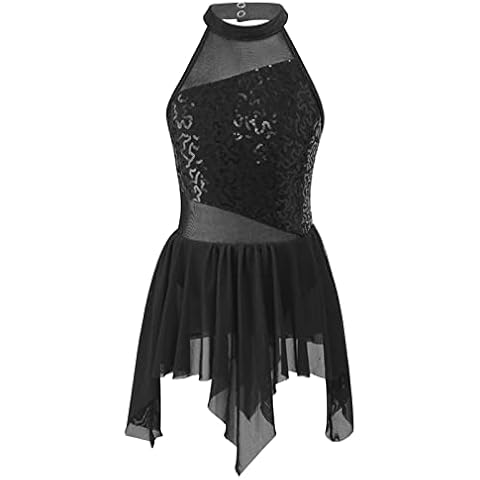 CHICTRY Kinder Ballettkleid Mädchen Glitzer Pailletten Neckholder Eislaufkleid Mesh Patchwork Ballettbody mit Asymmetrisch Rock Wickelrock Wettbewerb Kostüm Gr. 116-164 Schwarz 116 Cover