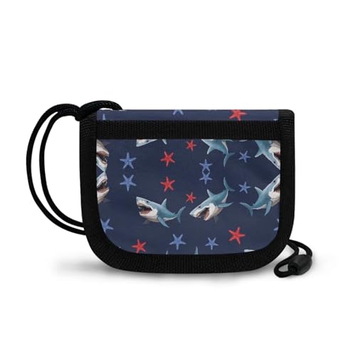 COEQINE Kid Wallet Boy Shark Waller For Toddler Boys Trifold Wallet With Lanyard Foldable Moneybag With Zipper Cute Sea Animal Print Coin Purse