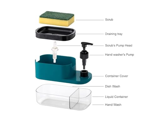 Image of TEKCOOL Plastic 3 in 1 Soap Pump Dispenser Dish Soap Liquid Dispenser Sponge Holder Dish Soap Pump Dispenser for Kitchen Sink Countertop Kitchen Bathroom (3 in 1), Multicolour