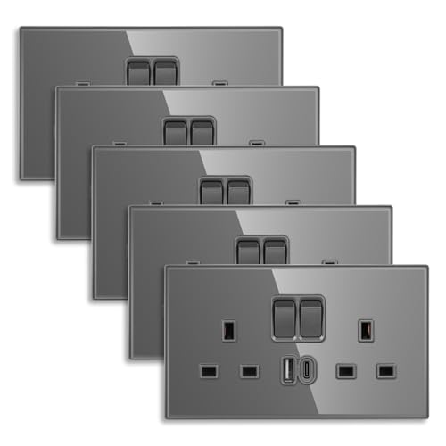 CNBINGO Double Switched Socket with 20W PD USB C and A Fast Charging Ports, Electric Power Sockets 2 Gang 13 Amp, Wall Outlet Grey Tempered Glass Panel, 5 Pack
