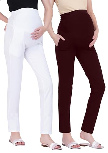Image of Women's Maternity Leggings with Pockets - Comfortable, High Waist Support and Stretchable Pants for Pregnancy - Pack of 2