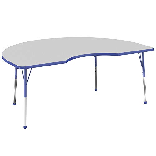 FDP Kidney Activity School and Office Table (48 x 72 inch), Standard Legs with Ball Glides for Collaborative Seating Environments, Adjustable Height 19-30 inches - Gray Top and Blue Edge