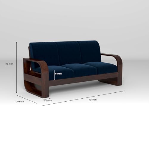 Image of Solid Sheesham Wooden 6 Seater Sofa Set with Coffee Table with Blue Cushion for Living Room Furniture - Walnut Finish (3+2+1)
