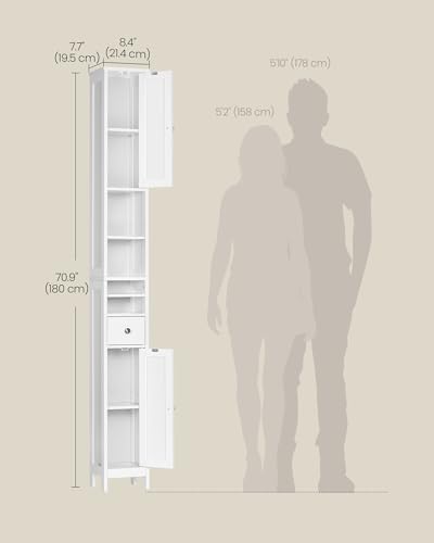 Image of VASAGLE Tall Storage Cabinet, Slim Freestanding Floor Cabinet with Adjustable Shelves, Drawer, Open Compartments, for Small Spaces, Bathroom, Living Room, Modern, Cloud White UBBC765W01