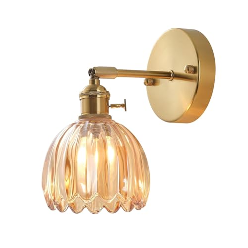 Image of Vintage Wall Sconces with Gold Finish, Adjustable Arm, Ribbed Glass Shadewall Light fixtures Wall Lights for Bedroom, Living Room, Hallway, or Bathroom (Amber)