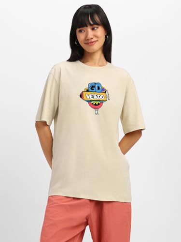 Image of Veirdo Pure Cotton Round Neck Oversized Baggy Fit Stylish Front & Back Graphic Printed Half Sleeve Boyfriend T-Shirt for Women (Color Options- Black, Orange, Royal Blue & Lilac)