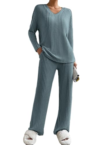 JENJON Femme Ensemble de Costume 2 Pièces Manches Longue Tricot Côtelé Pantalon Droit Survêtement Col en V Automne Hiver