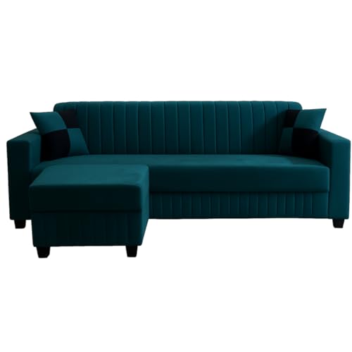 Image of Furny Grace 3 Seater Fabric Sofa Set with Ottoman (Greenish Teal) | Soft Velvet Fabric | Modern Design | Comfortable Seating | Living Room Furniture