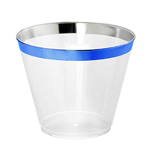 100 Blue Rimmed Plastic Cups And 1 Silver Ice Tong Set - 9 Ounce Disposable Wine Glasses - Plastic Cocktail Cups - Blue Party Decorations - Fancy Blue Party Supplies #TOP1
