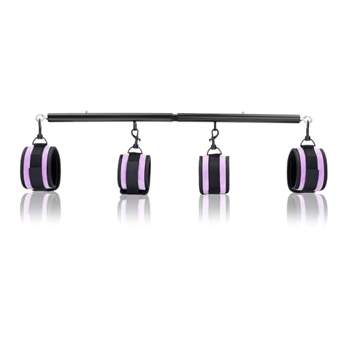 Black Heavy Duty Stainless Steel Expandable Spreader Bar with 4pcs Furry PU Purple Adjustable Straps, Training Fitness Kit,Home Indoor Sports Yoga Set
